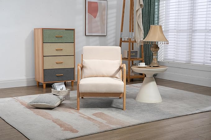 LKTART Mid Century Modern Chair with Waist Cushion Accent Chairs with Solid Wood Frame Upholstered Reading Armchair Fabric Comfy Single Sofa for Living Room Bedroom Apartment