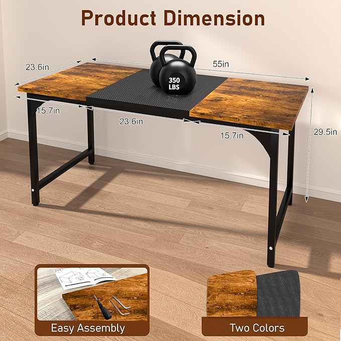 StarGraph Modern Computer Desk 55 Inch Large Office Desk with Carbon Fiber Desktop Home Office Desks with Sturdy Metal Frame Gaming Study Writing Work from Home Desks Rustic Brown