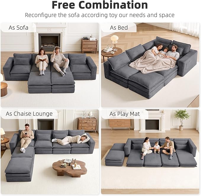 140 Sectional Couches Boneless Modular Sofa for Living Room with 2 Ottoman | No Assembly Required DIY Sofa Bed U shaped Couch | Corduroy Deep Seat with Double Layer Cushion &amp Removable Cover | Gr