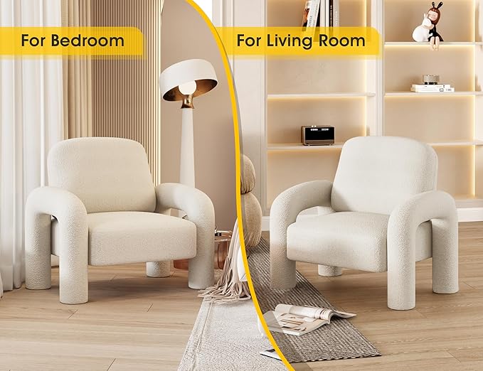 Modern Sherpa Accent Chair Teddy Upholstered Arm Single Sofa Cozy Fluffy Reading Chair for Living Room Bedrooms Corner (Cream White)