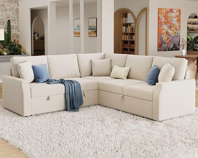 Jocisland Sofa Bed 85 Inch Sleeper Sofa with Pull Out Bed &amp Storage Seat Reversible L Shape Sectional Couch for Living Room Apartment Beige Linen Oversized Sofa