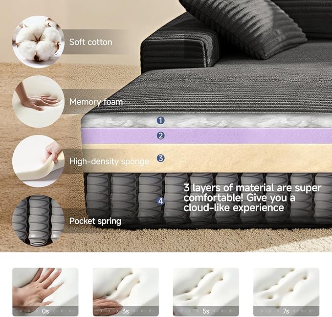 142 Cloud Modular Boneless Couch L-Shaped Left Facing Chaise Sectional Sofa Deep Seat Plush Corduroy Upholstery - Memory Foam Comfy Fluffy Couches for Living Room Bedroom No Assembly Required