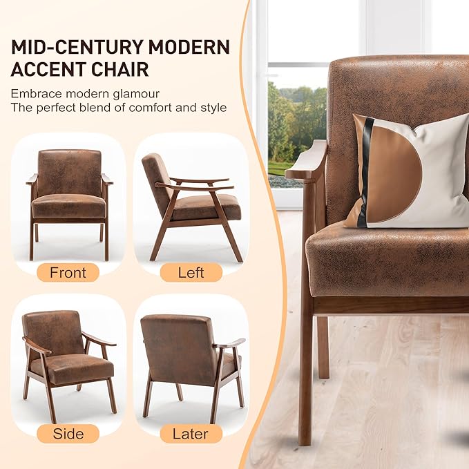 extrasleep Living Room Chair with Solid Wood Frame Mid Century Modern Chairs Brown Accent Chair Extra-Thick Backrest Wingback Chairs for Bedroom Reading Room Living Room Lounge Recliner Indoor