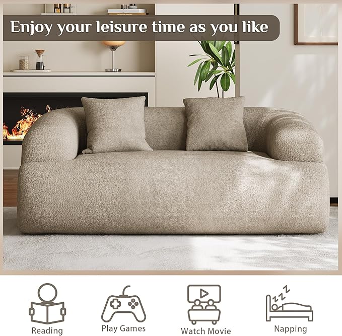 Half Moon Curved Sectional Sofa with 2 Throw Pillows Modern Style 2-Seater Chenille Leisure Couch with Curved Backrest Easy Assembly for Apartment Living Room Bedroom Light Brown（76 inch）