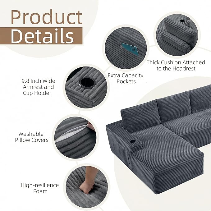 104 L Shaped Modular Sectional Sofa Cloud Sectional Couch with Deep Seats Built-in Cup Holders &amp Side Pockets Upholstered Boneless Modern Modular Sofa Couch with Chaise for Living Room Bedroom
