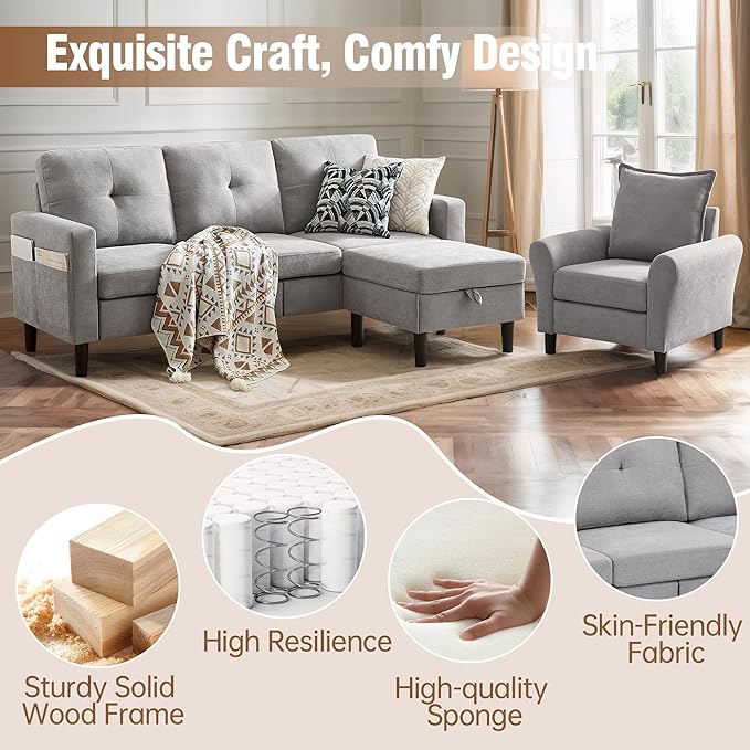 3 Piece Living Room Sofa Sets Modern 3 Seater Sofa with Storage Ottoman and 2 PSC Armchair Couch Sets Easy Assembly Modern 5 Seat Sectional Couches for Living Room Office Light Grey