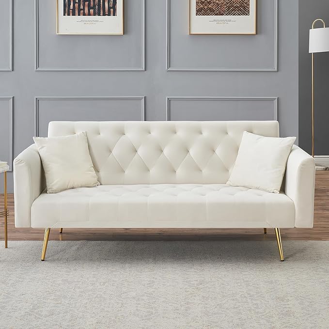 71 Modern Velvet Sofa Bed Futon Convertible Sleeper Couch with Adjustable Backrest Tufted Recliner Loveseat with Golden Chrome Legs &amp 2 Pillows for Small Spaces Living Room Apartment (Beige)