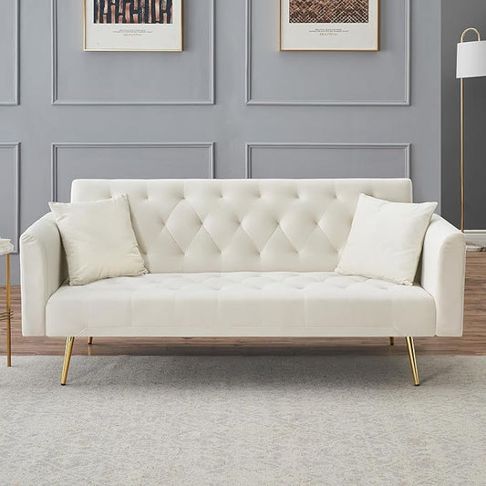 71 Modern Velvet Sofa Bed Futon Convertible Sleeper Couch with Adjustable Backrest Tufted Recliner Loveseat with Golden Chrome Legs &amp 2 Pillows for Small Spaces Living Room Apartment (Beige)