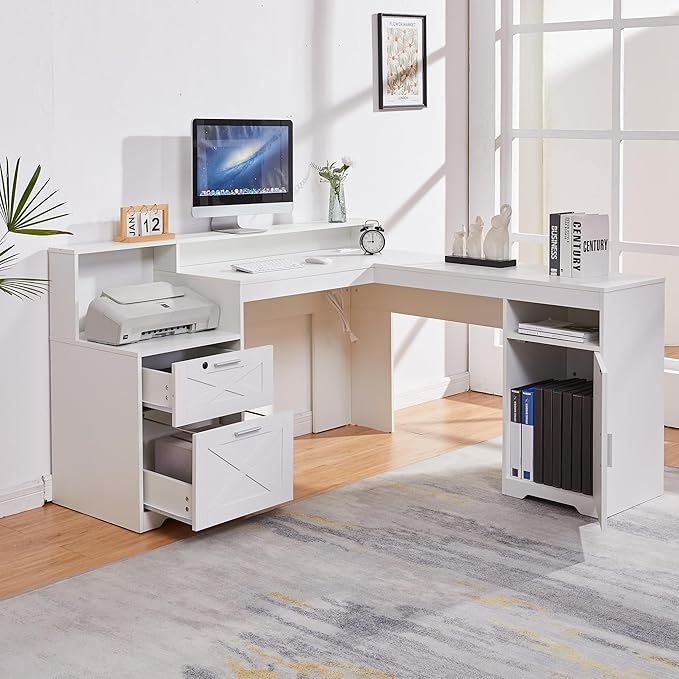 60 L Shaped Executive Desk with Printer SpaceCorner Computer Desk with Power OutletsLockable Drawers &amp Adjustable File CabnetL Shaped Office Desk with Monitor Stand (White)