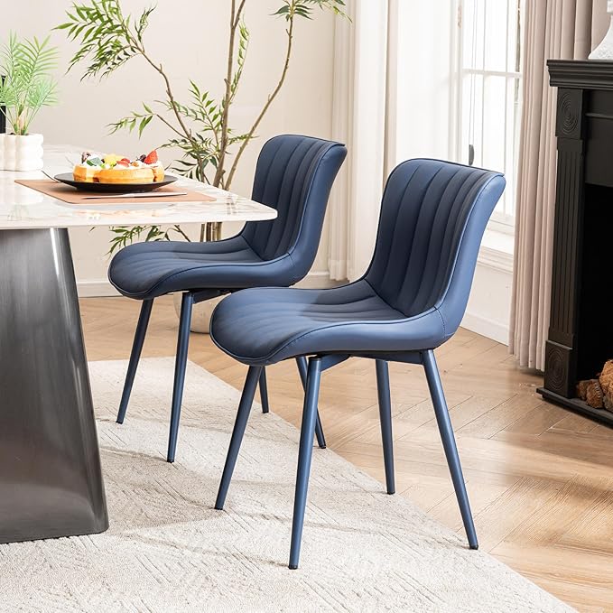 YOUNUOKE Mid-Century Modern Dining Chairs Set of 2 Navy Blue PU Leather Upholstered Kitchen Chairs with Navy Blue Metal Legs Armless Accent Chair for Dining Room Guest Reception Room