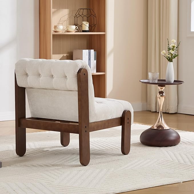 Modern Armless Accent Chair Set of 2 for Living Room Beige Linen Button Tufted Upholstered Lounge Reading Chair with Walnut Wood Frame