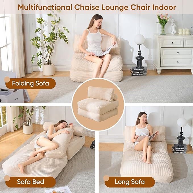Waxberry Folding Sofa Couch Bed 36 Deep Oversized Seat Boneless Sofa Chair Corduroy Convertible Single Sleeper Chair Couch Bed for Living Room Portable Fold Out Chair Bed With Back Support (Beige)