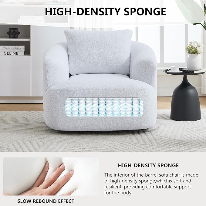 Upholstered Swivel Barrel Chair 31 Wide Modern Fabric Ergonomics Single Sofa Chair Living Room Bedroom Accent Chair Comfy Club Swivel Chair (White)