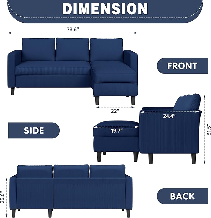 Shintenchi Small Sectional Sofa CouchesL Shape Convertible Sofa with Ottoman3 Seat Comfy Corduroy Upholstered Sofa CouchSmall Couch for ApartmentLiving Room and Office(Blue)