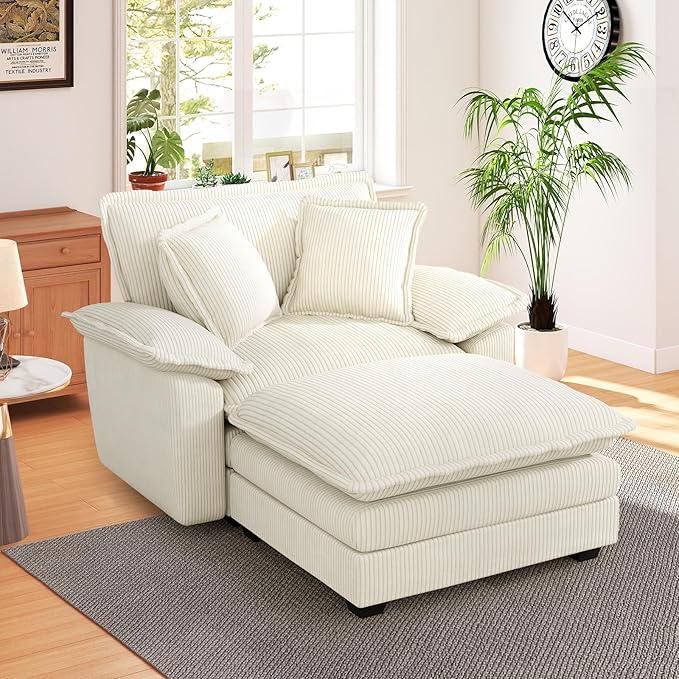 48 W Oversized Chaise Lounge Chair Indoor with Ottoman Upholstered Cloud Accent Chair with Extra Wide Armrests Comfy Green Corduroy Sleeper Chair for Living Room Bedroom Reading (Beige)