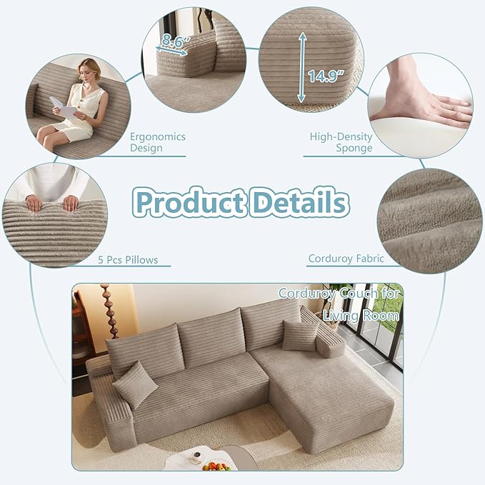 95 Cloud Sectional Couch with L-Shape Chaise Modern Corduroy Boneless Couch for Living RoomMemory Foam Sofa with Deep SeatNo Assembly Required (CamelRight-Facing Chaise)