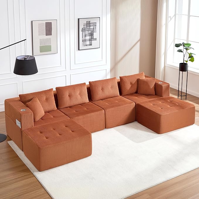 128 U Shaped Modular Sectional Sofa Oversized 6-Seater Boneless Tufted Cloud Couch with Cup Holder and Movable Ottoman Corduroy Upholstery Couches for Living Room No Assembly Orange