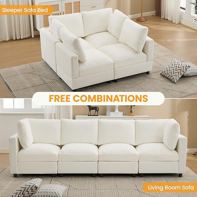 116'' 4-Seater Modular Sectional Cloud Sofa Straight-Line Couches for Living Room Modern Upholstered Deep Seat Sofa Chenille Beige