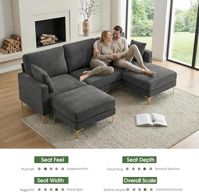 VINGLI 100 W U Shaped Couch with Ottoman 22 Deep Seat Comfortable Sectional Couches for Living Room 3 Seater Chenille Fabric Cloud Sofa for Apartment Small Spaces Bedroom Grey