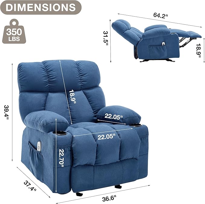Massage Rocker Recliner Chair with Heat and Vibration Ergonomic Rocking Lounge Chair for Living Room Comfy Overstuffed Recliner with 4 Side Pockets2 Cup Holders USB Charge PortBlue