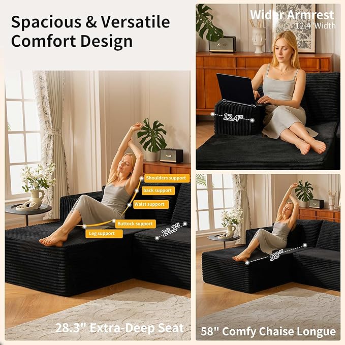 110” No Assembly Compression Boneless in a Box Cloud Sectional Couches for Living Room L-Shape Couch Compressed Sofa Modern Modular Plush Corduroy Reclining Comfy Fluffy Memory Foam Furniture Black