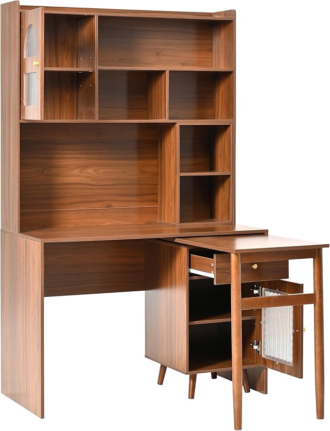 Bookcase Cabinet with Computer Desk Degree Rotating Desktop 43x70 Inch Office Desk with Drawer and Cabinets Gaming Writing Work Desk with Shelves for Study for Home Office Living Room (Walnut)