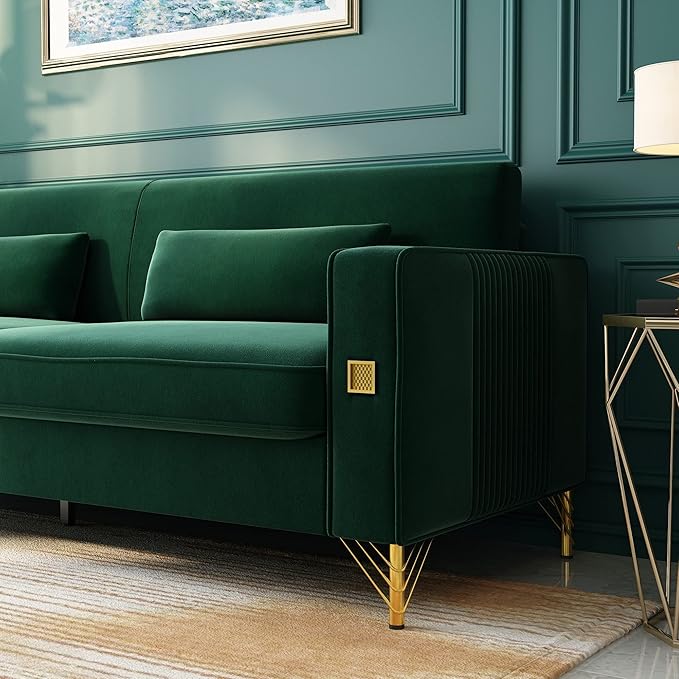 85 Velvet SofaMid-Century Modern Chesterfield 3 Seat Comfy Couch with Pillows Set of 2 for Living RoomBedroomApartment Furniture with Gold Metal Legs (P18-Green)