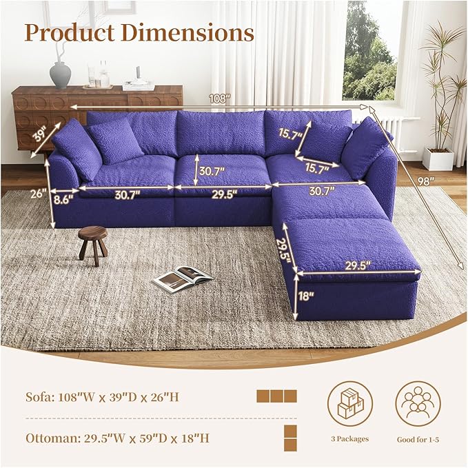 108 Modular Sectional Sofa with Movable Ottoman No Assembly Required Boneless Cloud Couch Deep Seat L Shaped Sectional Couches for Living Room Bedroom and Apartment Purple