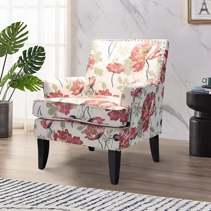 HULALA HOME Modern Accent Chair with Arms and Wooden Legs Mid Century Accent Chair Armchair High Back Rest Padded Armrest and Comfortable Cushioned Seat for Living Room (Red Yellow Floral)