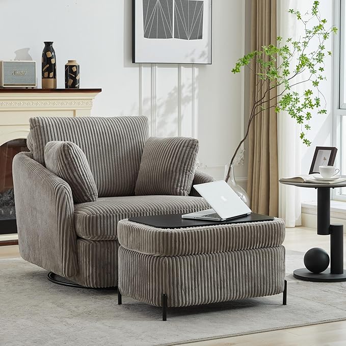 Aoiy &amp Wifon 40.55 W Oversized Swivel Chair with OttomanSwivel Accent Chair with Ottoman for Living Room Corduroy Gray