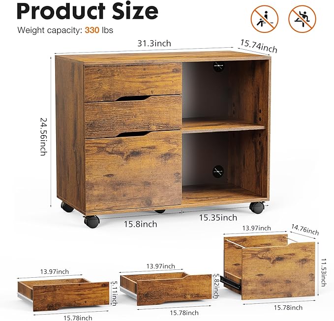 File Cabinet with 3 Drawers Mobile Lateral Filing Cabinet with Open Storage Shelves for Home Office Under Desk Storage Brown