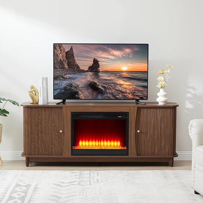 Fireplace TV Stand Fluted TV Stand with Storage and Sliding Door Farmhouse Entertainment Center Media Console Table for Living Room (Walnut)