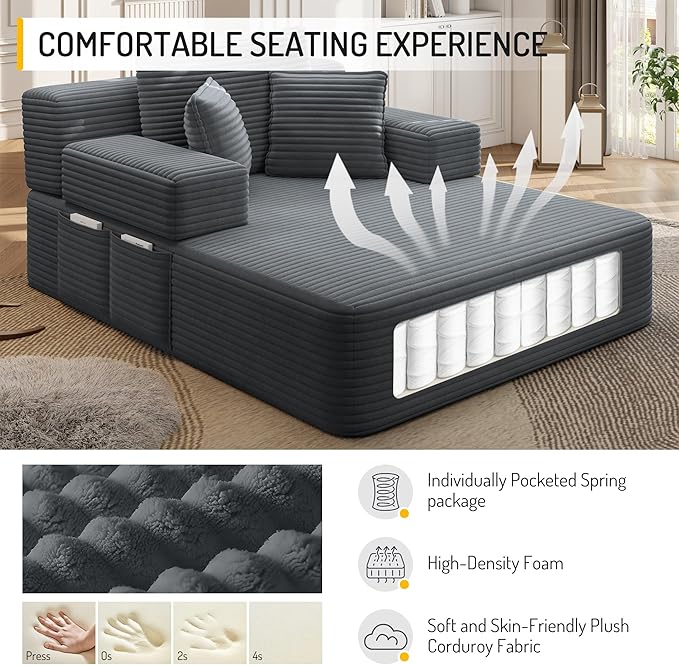 70W Oversized Chaise Lounge Chair Indoor with Adjustable Backrest &amp Storage 2 in 1 Convertible Sleeper Sofa Bed Compression Foam Boneless Couch for Living Room Bedroom Plush Corduroy Dark Grey