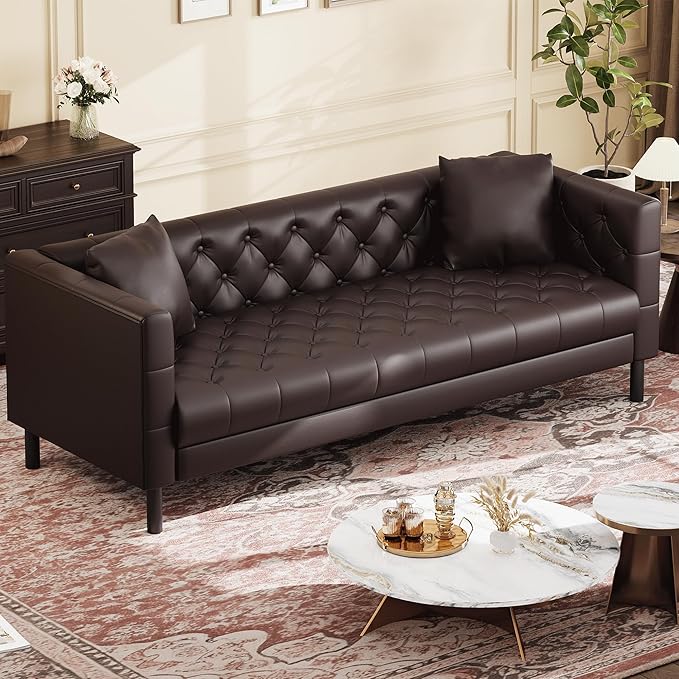 81 Button-Tufted Leather Sofa Mid-Century Modern Chesterfield 3 Seater with Deep Seat and 2 Pillows Ideal Leather Couch for Living Room Apartment and Office Use (Brown)
