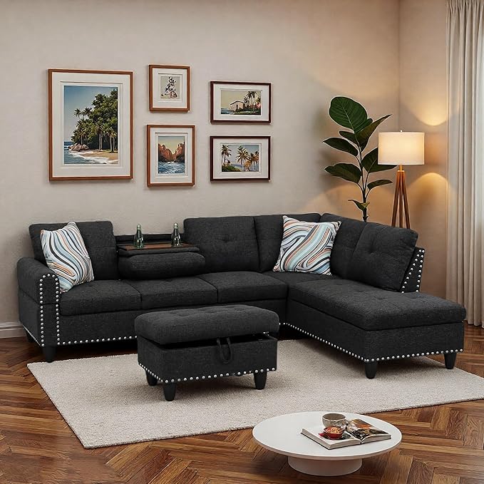 L-Shaped Sectional Sofa with Movable Chaise &amp Storage Ottoman Lounge 3-Piece Modular Convertible Couches for Living Room Apartment &amp Office Black Grey