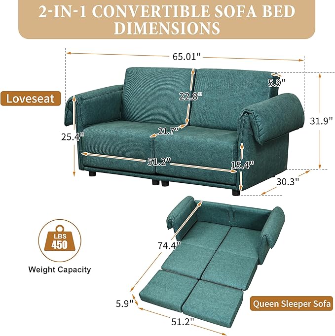 Convertible Sleeper Sofa Bed Pull Out Couch with High-Density Foam Modern Upholstered Loveseat Futon 2-in-1 Full Size Bed for Living Room Apartment Small Space (Green) | Foldable Convertible Bed