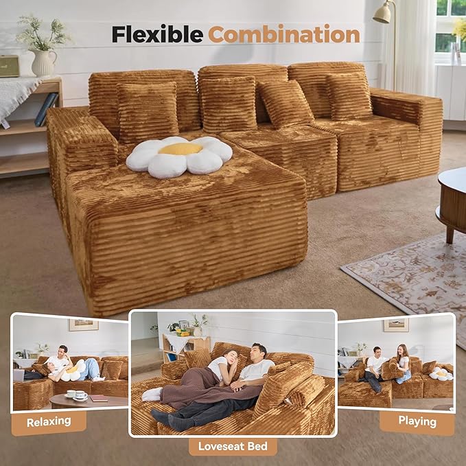 111‘’ Modular Sectional Cloud Couches with L Shaped Upholstered Deep Seat Boneless Sofa for Living Room Bedroom No Assembly Required-Camel