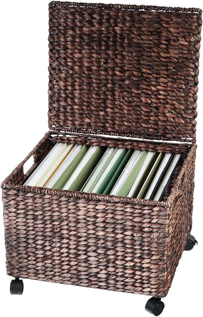 Trademark Innovations Rolling File Box Wicker File Cabinet Hanging File Baskets Water Hyacinth Storage Basket (Dark Brown)
