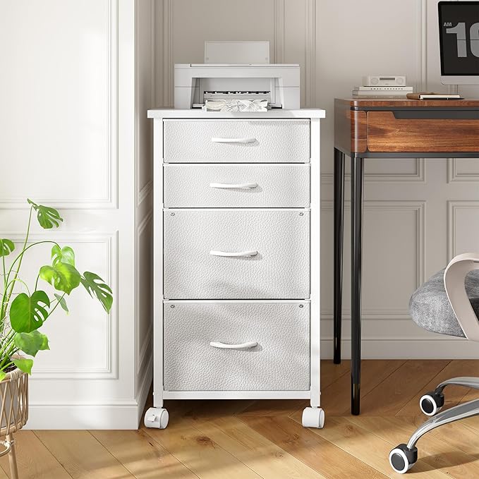 4 Drawers Mobile File Cabinet Vertical Filing Cabinet with Fabric Drawer Fits A4/Letter Size Printer Stand for Home OfficeWhite