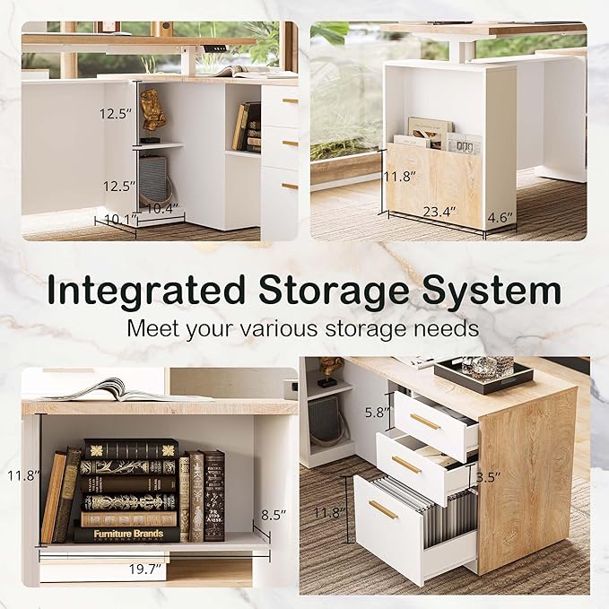63 Standing Desk with File Cabinet Privacy Panel AC/USB 1.18 Desktop Executive L Shaped Height Adjustable Electric Stand Up Desk Home Office Table with 3 Drawers Light Walnut