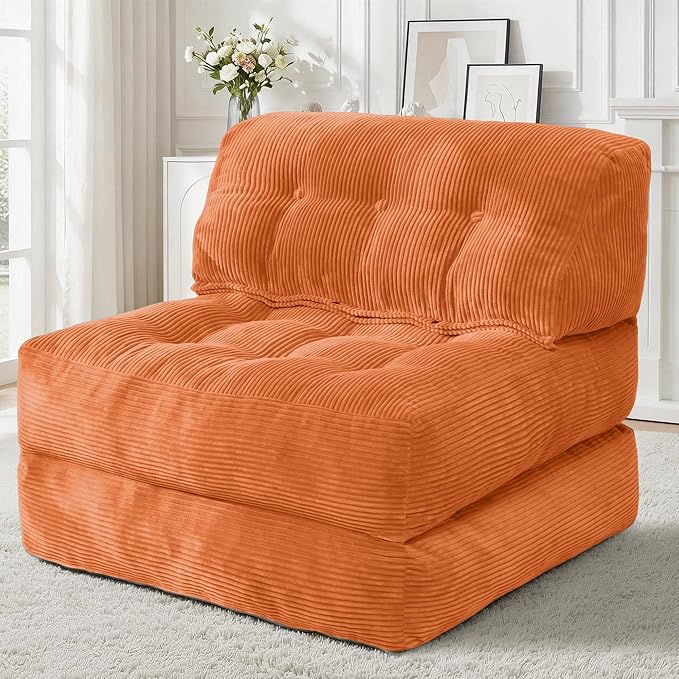 HABUTWAY Folding Sofa Bed Convertible Sleeper Chair Bed with Pillow &amp Handle Foldable Mattress with Back Support Portable Single Couch Comfy Floor Sofa Lounge for Living Room Bedroom(Orange)