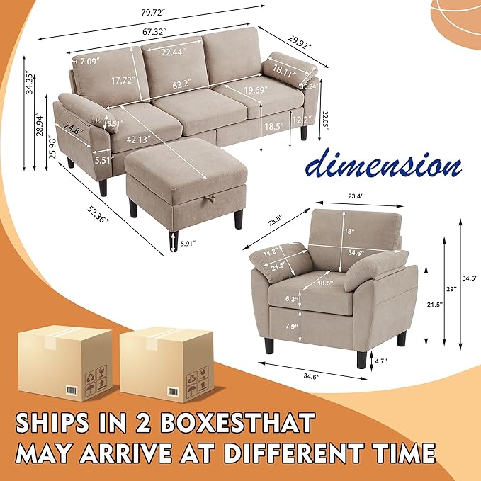 3 Piece Convertible Sectional Sofa Set Modern Linen Small L Shaped Couch with Reversible Ottoman and Accent Chair 3-Seat Sofa Couches for Living Room Office Apartment Beige