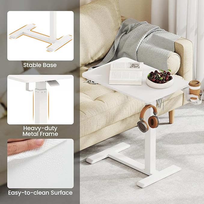 GOFLAME Rolling Standing Desk C Shaped End Table Adjustable Height with Hidden Wheels Cup Holder &amp Headphone Hook Mobile Sofa Couch Bed Side Table for Living Room Home Office (White)