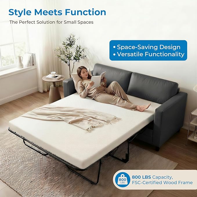 Mjkone Faux Leather Pull Out Sofa Bed 73 2-in-1 Loveseat Couch Bed with Memory Form Mattress Full Size Convertible Sleeper Sofa Couch for Living Room Office Apartment and Small Space Grey