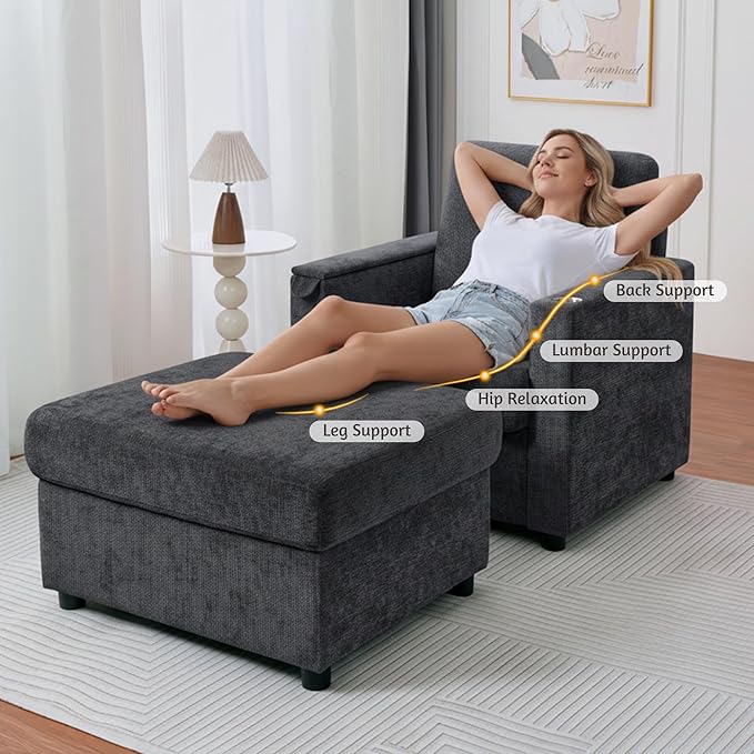 34.25 Accent Chairs with Storage Ottoman Set Upholstered Living Room Chairs for Reading Chair with Chaise Lounge Chairs Indoor Comfortable Armchair for Bedroom (Gray 34.25)