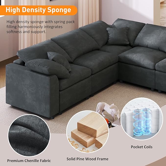 124.8 W Modular Sectional Sofa L Shaped Modern Couch with Ottoman Deep Seat and Wide Chaise for Living Room Gray