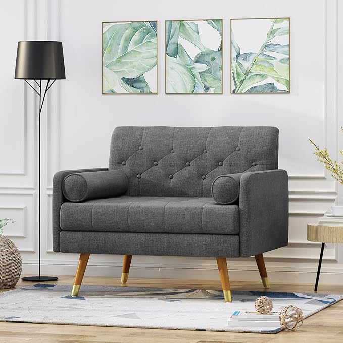 38 Comfy Chair and A Half with Button Tufted Backrest Round Armrest Pillows Mid Century Modern Oversized Accent Chair with Wood Legs for Living Room Bedroom or Small Spaces (Dark Grey)