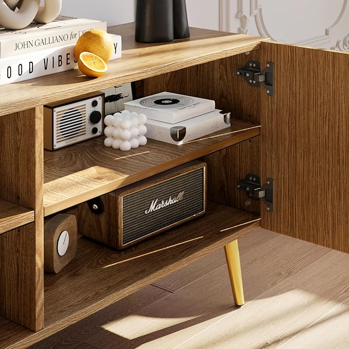Modern 86in TV Stand for Living Room Fluted Design Entertainment Center with Adjustable ShelvesMedia TV Console Table with Storage for BedroomNature