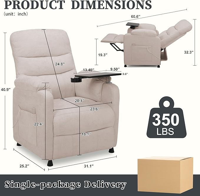 Electric Recliner Chair Power Recliner Sofa with Remote Adjustable Backrest Side Pocket &amp Swivel Tray Table 350 LBS Soft Chenille Fabric Armchair for Living Room Bedroom Beige