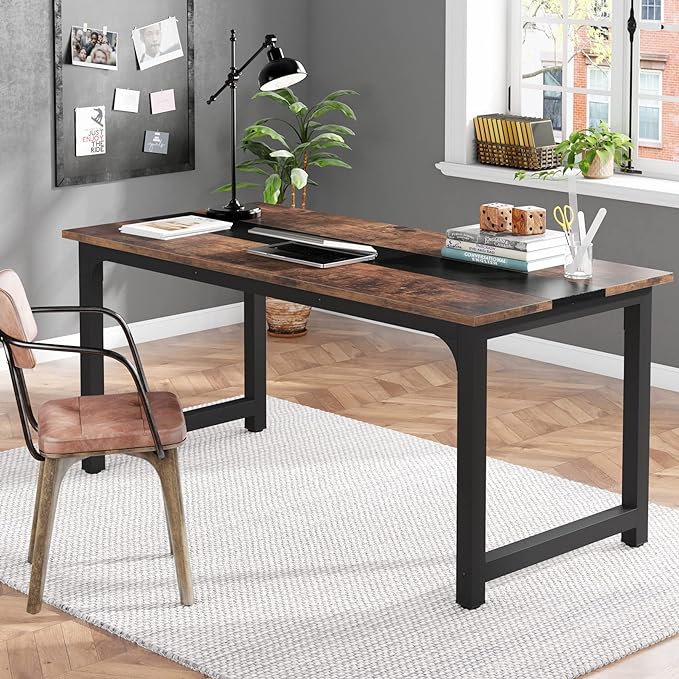 Tribesigns 70.8”Executive Desk Large Office Computer Desk with Thicken Frame Modern Simple Workstation Business Furniture for Home Office Vintage Brown/Black